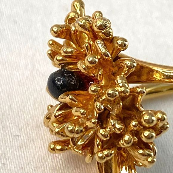 Gold Tone Brutalist Ring With Tiny Single Black Olive Stone Adjustable - Picture 6 of 9